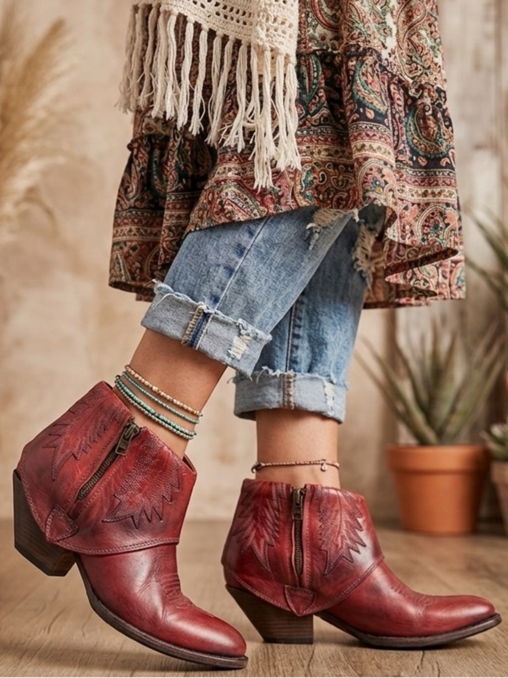 HTC Hollywood Trading Company Folded Cowboy Ankle Boots in Burgundy Sz 37 / 7 US